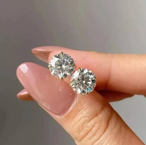 Aretes solitarios de moissanita real de 2 quilates de corte redondo enchapados en oro amarillo de 14 k - Imagen 4 de 7