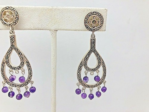 Sterling Silver .925 ~ 3/4" x 2 1/4" ~ Marcacite Amethyst Drop Earrings - Bild 3 von 8