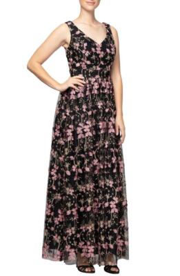 ALEX EVENINGS 6 Black Floral Embroidered Long Gown or Dress NWT $259