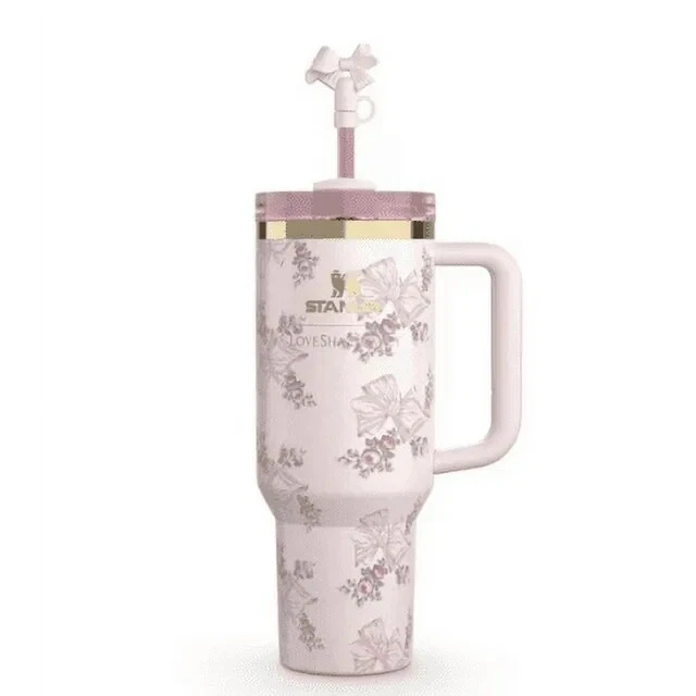 Design de arco rosa, garrafa térmica de palha portátil de aço inoxidável 304 40 onças - Imagem 3 de 4