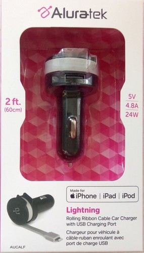 Aluratek Rolling Ribbon Cable MFi-Certified Lightning Car Charger (5V/4.8A/24W) - Photo 11 sur 15
