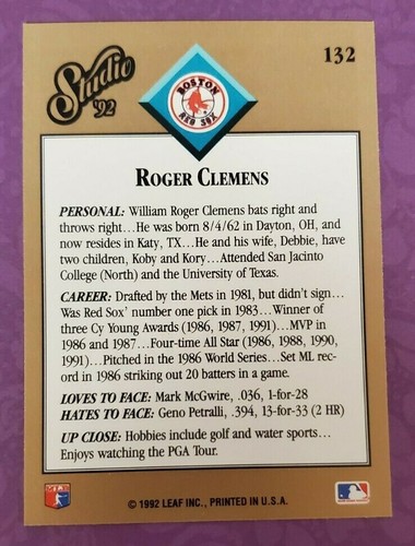 1992 Leaf Studio #132 Roger Clemens Boston Red Sox Baseball Card - Great For TTM - Picture 2 of 2