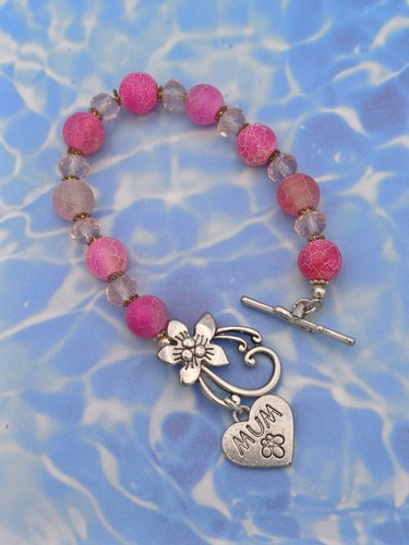 Beautiful Silver Tone, Pink Crystal Mixed Beaded Floral Mum Charm Bracelet - Picture 1 of 12