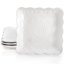 Tebery Set of 4 Square Embossed Ceramic Plate, 10 Inch Elegant Dinner Plates ...