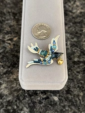 2008 LIZTECH Shades of Blue Bird Brooch Heart Charm Artisan Hand Crafted Pin