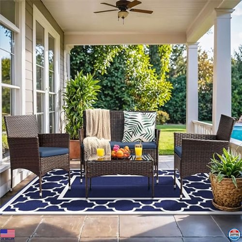 Alfombra de exterior reversible impermeable GENIMO 6' x 9' - Alfombra azul y blanca para patio, - Imagen 5 de 6