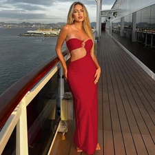 Summer Metal Decoration Stitching Hollow Out Cutout out Dress Sexy Slim Tube Top