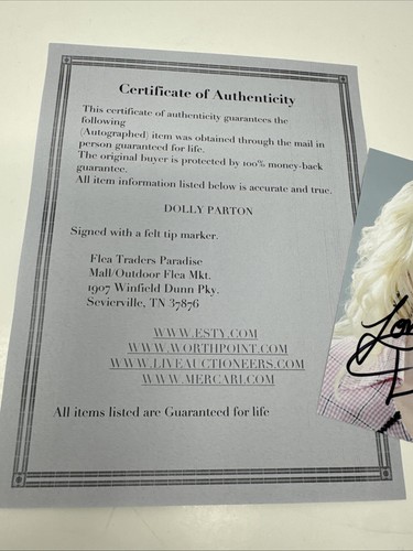 DOLLY PARTON Autographed 5 by 7 Hand Signed Photo COA Headshot close up - Picture 4 of 5