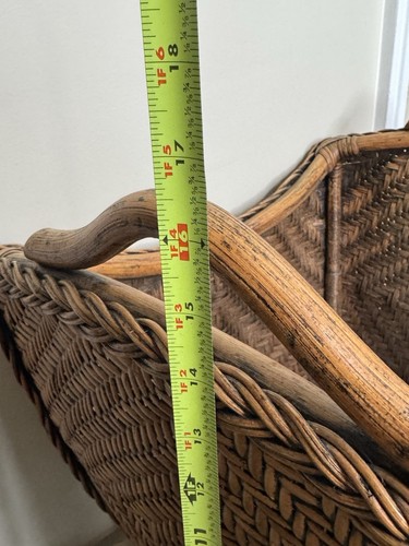 Vtg Large 16” Boho MCM Diamond Woven Basket Braided Edge Handles Bamboo Wood - Picture 20 of 23