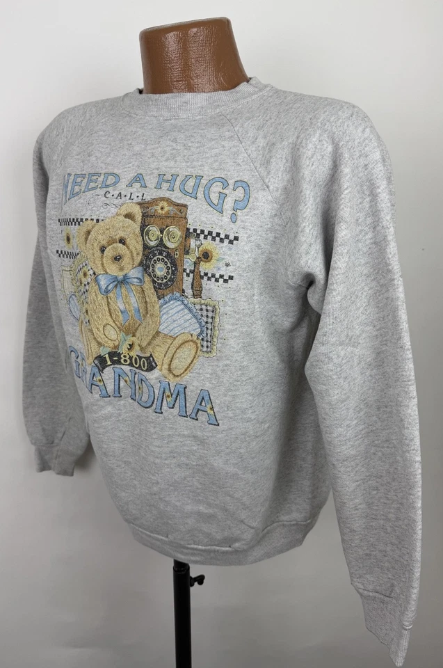 Sudadera De Colección Años 90 Abuela Unisex Grande Gris Brezo Raglán Cottagecore Bear Foto 4 de 4