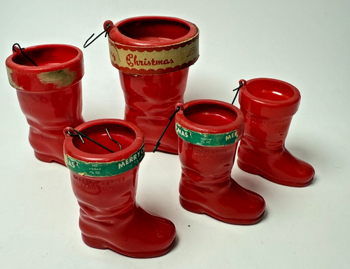 5 Vintage Rosbro Kunststoff Weihnachten Santa rot Stiefel Süßigkeiten Ornament Behälter