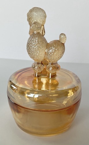 Vintage Jeanette Amber Marigold Carnival Glass Poodle Covered Dish Powder Dish - Picture 14 of 14