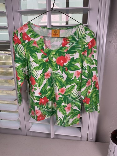 Ruby Rd. Women's Top Size Small Green Leaf Print 3/4 Sleeves Hawaiian Style - Picture 5 of 6