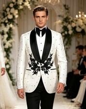 Men Rhinestone Suit Jacquard Tuxedo Jacket Satin Shawl Lapel Prom Wedding Formal