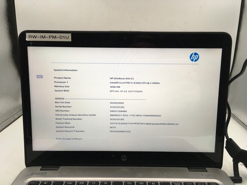 HP ELITEBOOK 840 G3 -BOOTS TO BIOS/ADMIN LOCK- INTEL I5 6300U - NO RAM -READ- BB - Picture 2 of 7