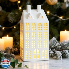 DN DECONATION Light Up Christmas Village House, White Ceramic House Decor wit