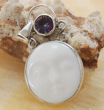 Carved Moon Face & Fire Topaz gemstone silver Handmade pendant Jewelry P10145