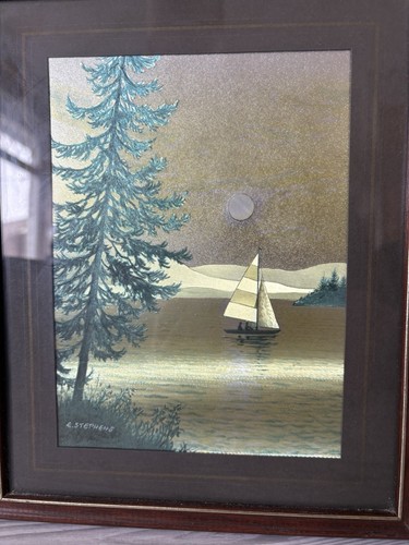 Vintage Foil Sailing Print by E. Stephens Framed Nautical Lake Scene Art - Picture 2 of 7