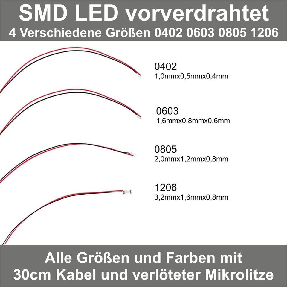 10-100St. SMD LED 0402 0603 0805 1206 Kabel 30cm Mikrolitze verlötet verkabelt - Bild 2 von 3