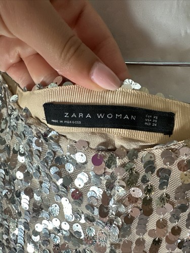 Zara Womens Sequin Bell Bottom Flare High Waisted Nude Pants XS Preowned Silver - Picture 7 of 9