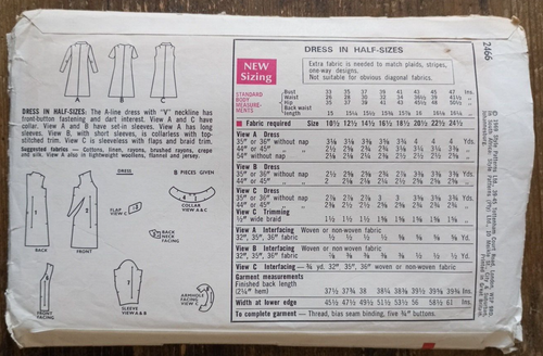 Vintage 60er Jahre Stil 2466 Schnittmuster Knopfleiste A-Linie Kleid V-Ausschnitt 20 1/2 43" - Bild 2 von 2