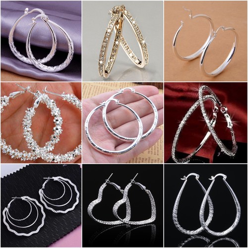 Simple Women 925 Silver Ear Stud Hoop Dangle Earrings Wedding Bridal Jewelry - Picture 1 of 54