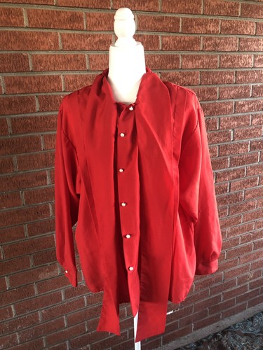 Red Button Up Long Sleeve Blouse with Neck Ribbon - Picture 5 of 10
