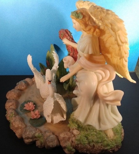 Hand made angel visiting swans swimming in a small pond with meticulous details - Picture 4 of 8