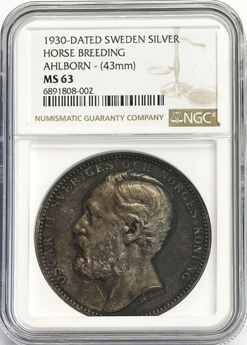 1930 SILVER SWEDEN OSCAR II HORSE BREEDING AWARD AHLBORN 43 MM MEDAL NGC MS 63