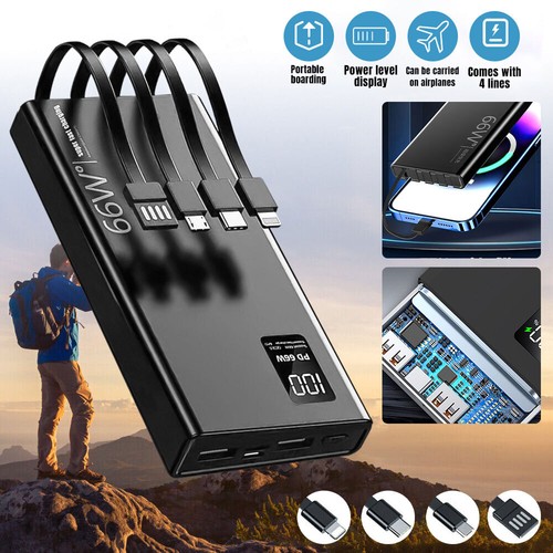 1-2PCS 66W 40000mAh Power Bank External Battery Fast USB Charger LCD W/ 4 Cables - Picture 2 of 19