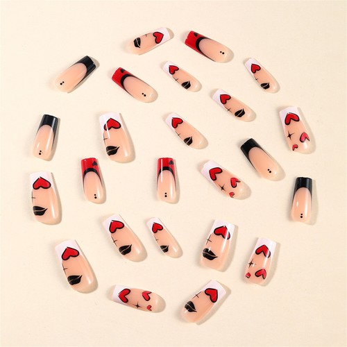 24pcs Valentine's Day Heart Square Press-On Fake Nail Colorblock French Manicure - Bild 3 von 5
