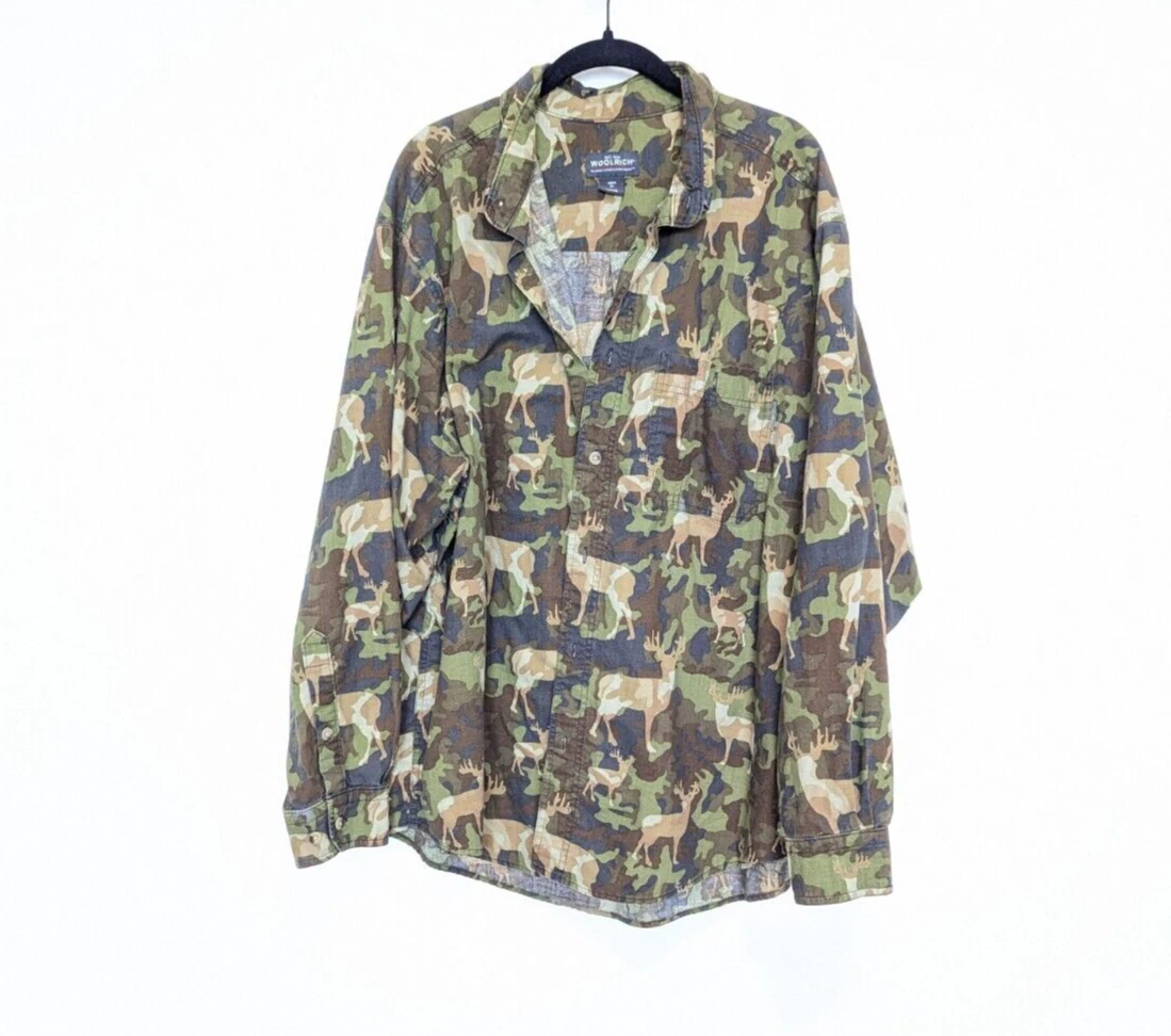 Woolrich Shirt Mens Extra Large Green Camouflage Deer Hunting Camping Hiking