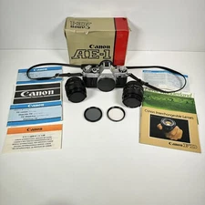 Canon AE-1 Camera W/ 2 FD Lenses 50mm 1.4 + 28mm 2.8 + Original Box Nice Vtg