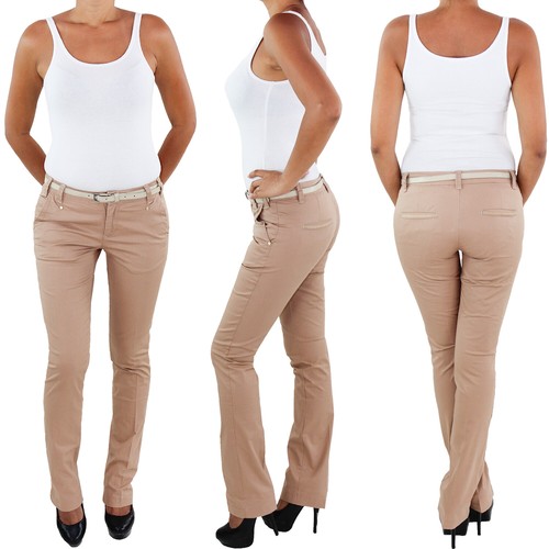 Pantalones vaqueros de corte bota para mujer con cinturón elásticos pantalones acampanados beige - Imagen 3 de 21