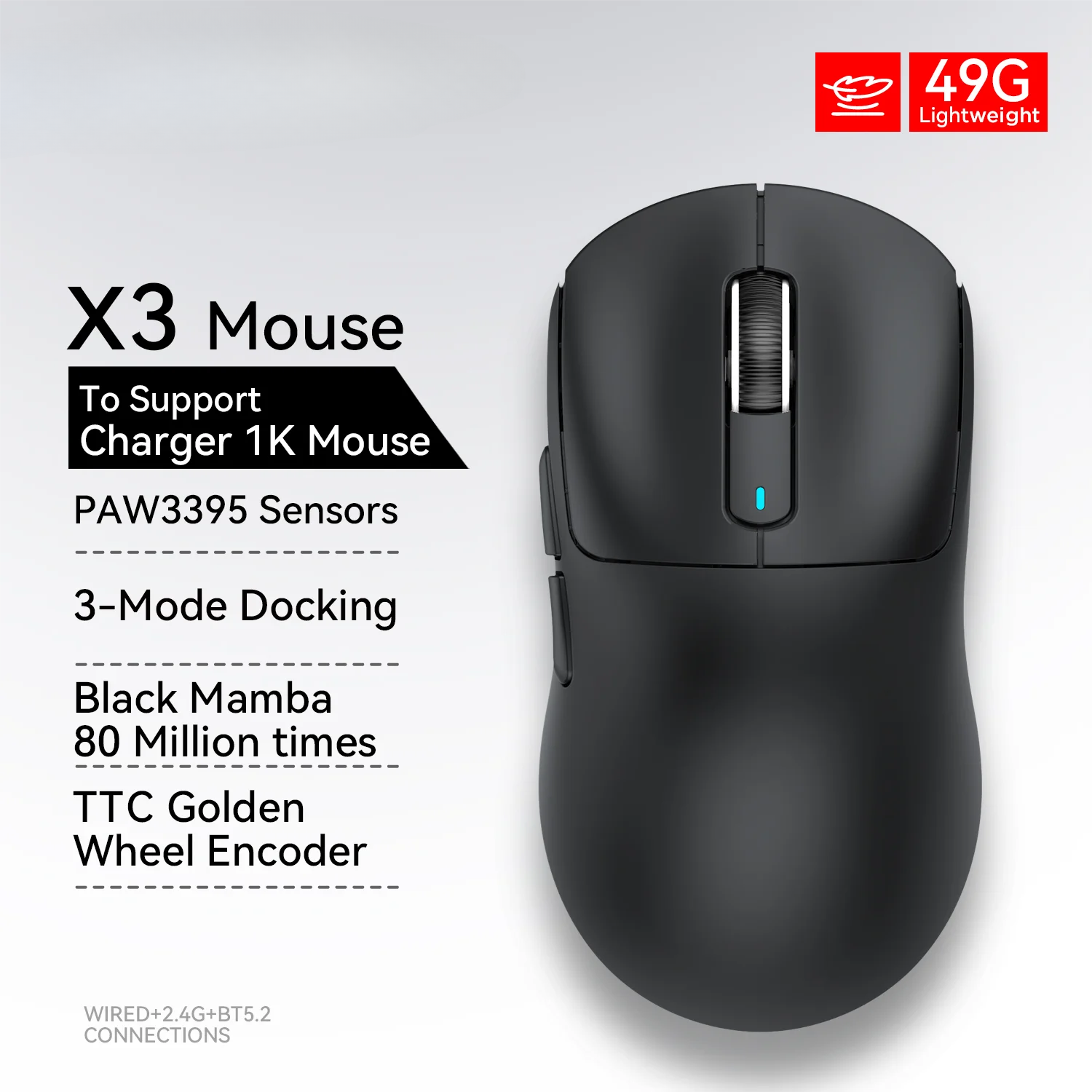 Tri-Mode 8KHz Bluetooth Gaming Mouse with 4KHz Wired Mode, Lightweight Design