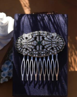 Peigne à Cheveux Art Déco Doré Avec Strass Blanc Et Vert - Style Années 1920, Neuf (fait Main)