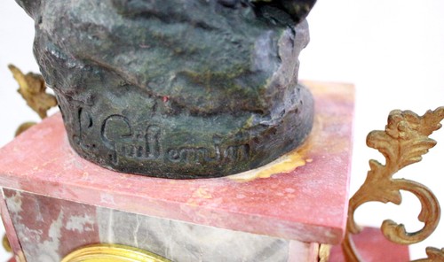 Art Nouveau Reloj Francés Estatua Guillemin Base de mármol Rojo - Imagen 7 de 15