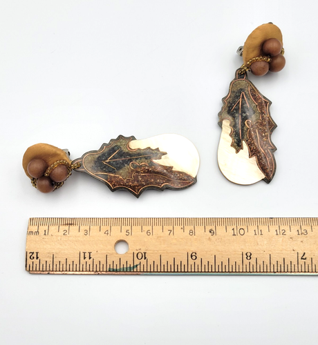 Artisan Acorn & Fall Leaves Dangle Earrings Resin MOP Clip on Statement - Picture 11 of 12