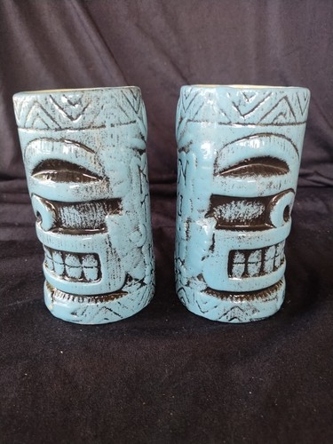 Pair of Kon Tiki Mug Turquoise Tiki Farm 2 (Two) Ceramic Heads - Picture 12 of 14