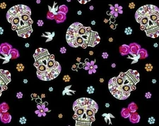 FAT QUARTER FOLKLORIC SUGAR SKULLS FABRIC  GOTHIC ROSES METALLIC DAY OF THE DEAD