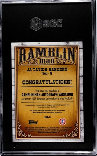 2023 Bowman U Chrome Ja'Tavion Sanders Ramblin' Man AUTO #7/99 SGC 9.5 MT+ - Picture 2 of 2