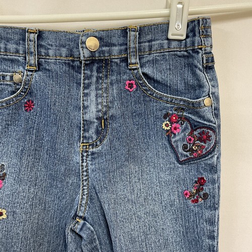 Vintage Zana Di 4T Girls Embroidered Flare Jeans Hearts Flowers Blue Denim Y2K - Picture 2 of 8