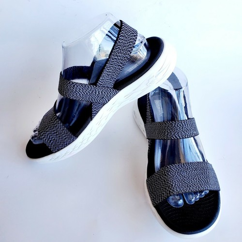 Skechers Goga Max Black White Comfort Elastic Stretchy Sandals Woman's Size 9 - Picture 1 of 8
