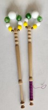 Set of 2 Carved Wood Spangled Lace Bobbins with Glass Beads
