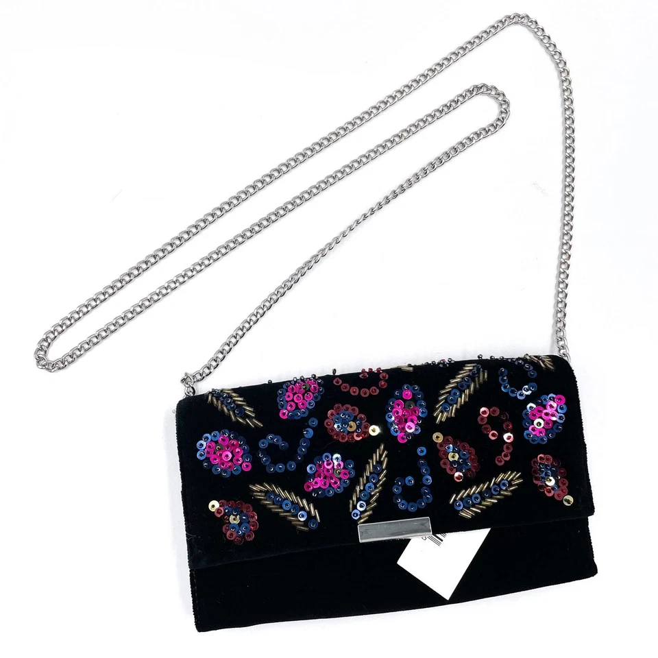 Loeffler Randall Tab 手包黑色天鹅绒串珠亮片叶链带 — 第 4/4 张图片