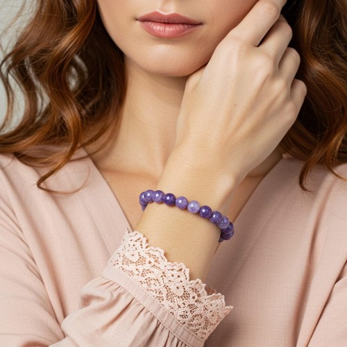 Bracciale con perle originali Lepidolite 8 mm cristallo viola pietre preziose braccialetto elastico - Foto 3 di 8