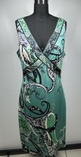 Elie Tahari Paisley Silk Midi Dress Size 10 Green V-neck Luxury Stealth Classy