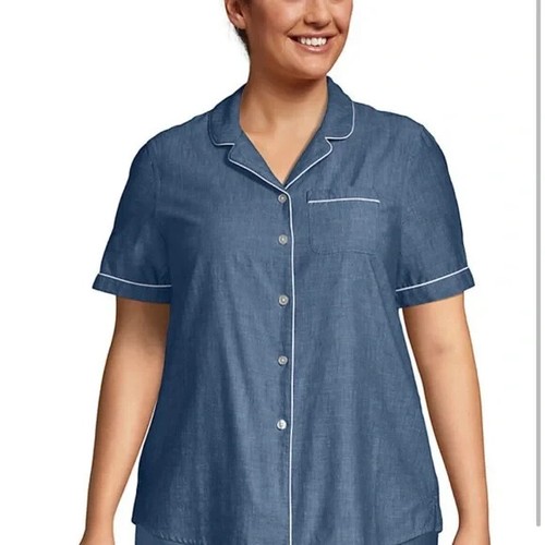 Lands End Womens 2X Pajama Top Shirt 100% Cotton Chambray (20W-22W) EUC - Picture 4 of 8