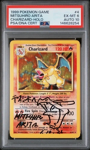 1999 POKEMON BASE SET UNLIMITED ARITA SIGNED #4 CHARIZARD-HOLO PSA 6 DNA AUTO 10
