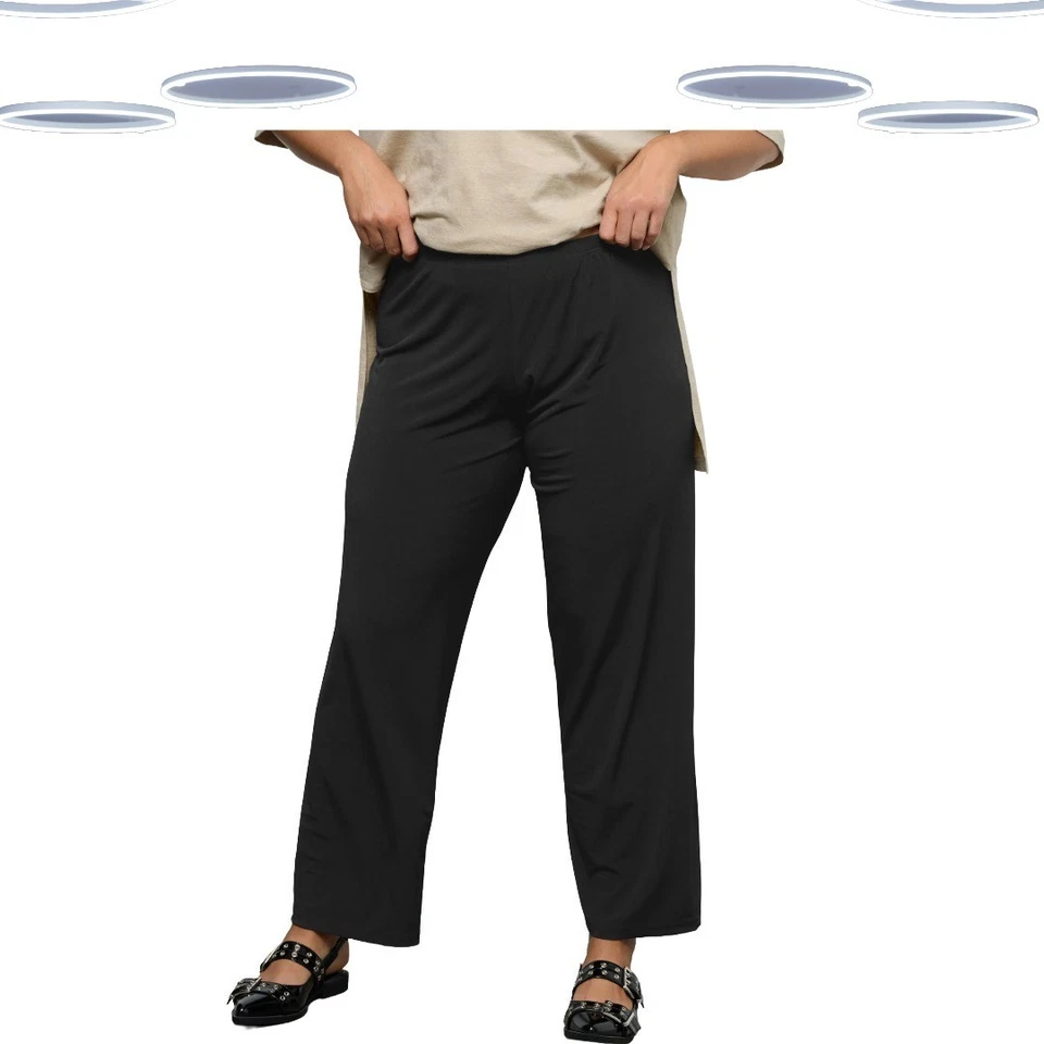Ex Women's Plus Size Stretch Trousers Black Pull On Wide Leg - Image 3 of 4